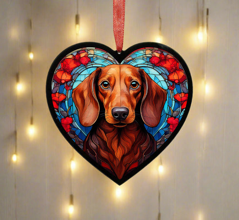 Dachshund Red Stained Glass Effect Heart Suncatcher